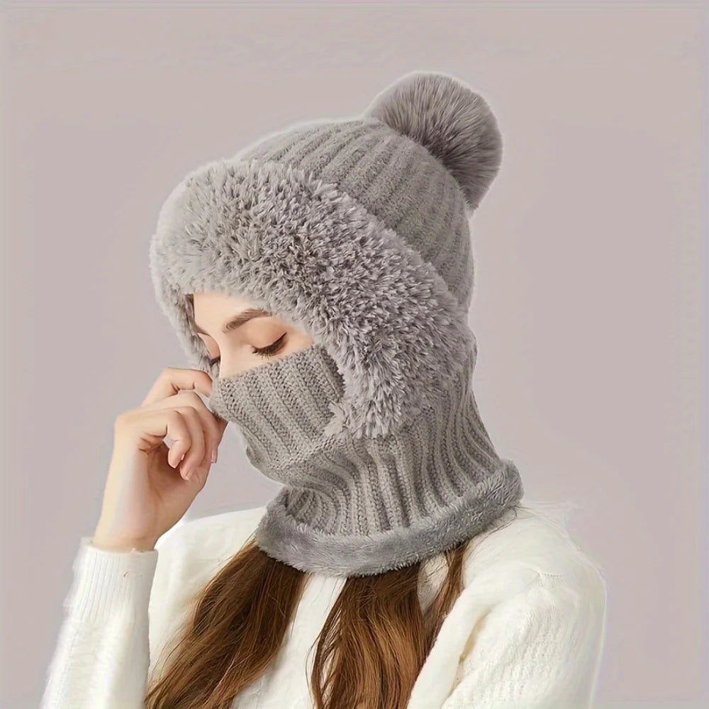 Women's Knitted 3-in-1 Cold-proof Hat with Earmuffs Neck Gaiter and Face Mask