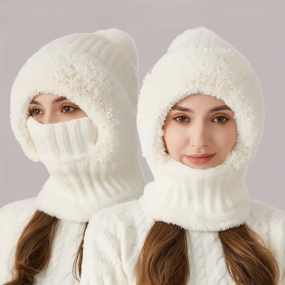 Women's Knitted 3-in-1 Cold-proof Hat with Earmuffs Neck Gaiter and Face Mask