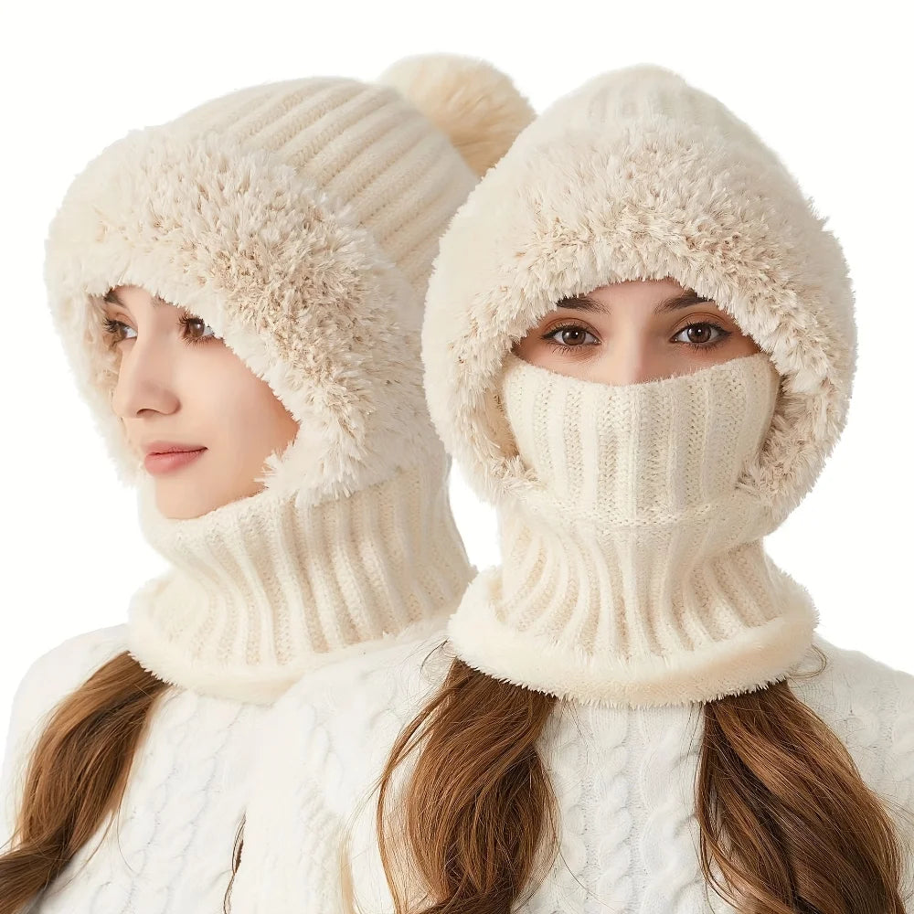 Women's Knitted 3-in-1 Cold-proof Hat with Earmuffs Neck Gaiter and Face Mask