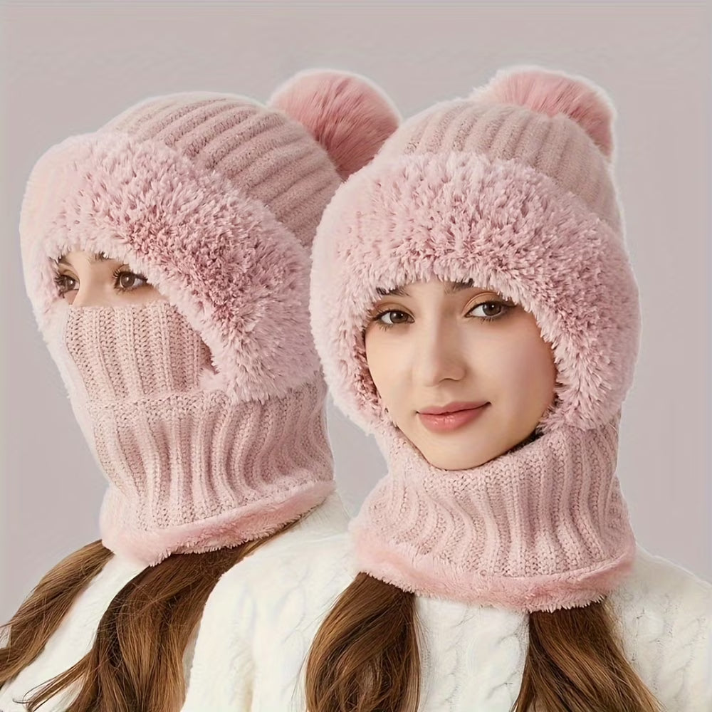 Women's Knitted 3-in-1 Cold-proof Hat with Earmuffs Neck Gaiter and Face Mask