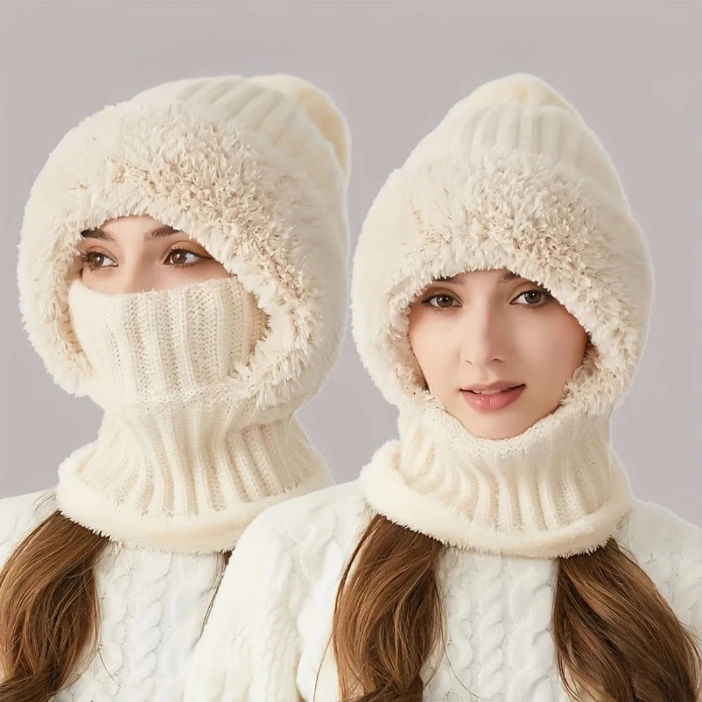Women's Knitted 3-in-1 Cold-proof Hat with Earmuffs Neck Gaiter and Face Mask