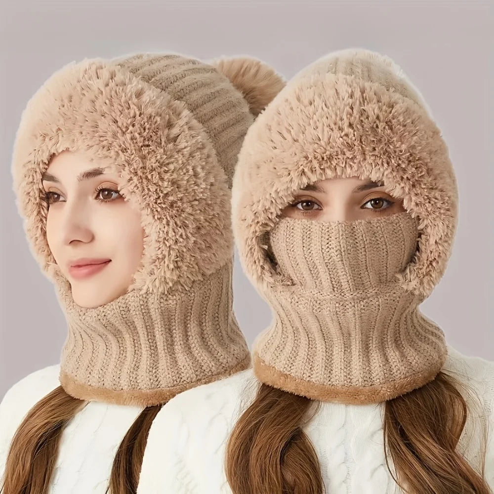 Women's Knitted 3-in-1 Cold-proof Hat with Earmuffs Neck Gaiter and Face Mask